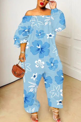 Light Blue Floral Cartoon Print Off Shoulder Long Sleeve Casual Vacation Harem Leg Jumpsuits