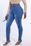 Blue Casual Mid Waist Pocket Distressed Skinny Cargo Denim Jeans