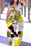White Floral Print V Neck Cold Shoulder Hollow Out Casual Loose Plus Size Maxi Dresses