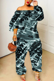 Blue Graphics Print Off Shoulder Long Sleeve Casual Vacation Harem Leg Jumpsuits
