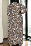 Brown Geometric Print V Neck 3/4 Sleeve Lace Up Casual Outings Plus Size Straight Loose Maxi Dress
