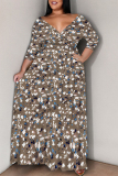 Brown Geometric Print V Neck 3/4 Sleeve Lace Up Casual Outings Plus Size Straight Loose Maxi Dress