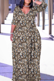 Brown Geometric Print V Neck 3/4 Sleeve Lace Up Casual Outings Plus Size Straight Loose Maxi Dress