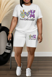 White Cartoon Print Round Neck Short Sleeve Oversize T-shirt And Shorts Casual Two Pieces Matching Sets