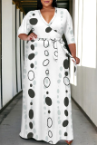Brown Geometric Print V Neck 3/4 Sleeve Lace Up Casual Outings Plus Size Straight Loose Maxi Dress