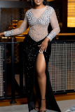 Apricot Hot Drill O Neck Long Sleeve Mesh Slit Formal Evening Party Prom Bodycon Maxi Dresses