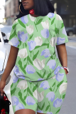 Green Floral Print Round Neck Short Sleeve Oversize T-shirt And Shorts Casual Two Pieces Matching Sets
