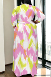 Brown Geometric Print V Neck 3/4 Sleeve Lace Up Casual Outings Plus Size Straight Loose Maxi Dress