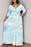 Brown Geometric Print V Neck 3/4 Sleeve Lace Up Casual Outings Plus Size Straight Loose Maxi Dress
