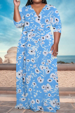 Grey Floral Print V Neck Half Sleeve Floor Length With Belt Strap Design Vacation Casual Plus Size A Line Maxi Dresses