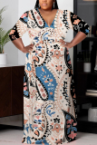 Grey Floral Print V Neck Half Sleeve Floor Length With Belt Strap Design Vacation Casual Plus Size A Line Maxi Dresses