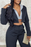 Black Zipper Hooded Long Sleeve Casual Crop Jackets Outerwear