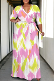 Brown Geometric Print V Neck 3/4 Sleeve Lace Up Casual Outings Plus Size Straight Loose Maxi Dress