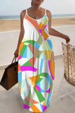 Multicolor Graphics Print Backless Spaghetti Strap Sleeveless Vacation Loose Long Maxi Slip Dresses