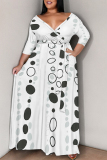 Brown Geometric Print V Neck 3/4 Sleeve Lace Up Casual Outings Plus Size Straight Loose Maxi Dress