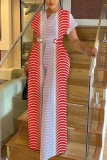 Red Purple Letter Print V Neck Short Sleeve Casual Vacation Wide Leg Jumpsuits