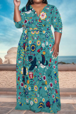 Grey Floral Print V Neck Half Sleeve Floor Length With Belt Strap Design Vacation Casual Plus Size A Line Maxi Dresses