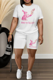 White Cartoon Print Round Neck Short Sleeve Oversize T-shirt And Shorts Casual Two Pieces Matching Sets