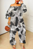 Blue Graphics Print Off Shoulder Long Sleeve Casual Vacation Harem Leg Jumpsuits