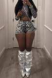 Grey Leopard Print O Neck Long Sleeve Crop Tops And Shorts Two Pieces Shorts Sets