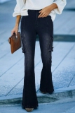 Black Mid Waist Pocket Casual Distressed Flare Leg Denim Jeans