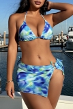 Blue Tie Dye Print Backless Vacation Halter Bikini Set Lace Up Mini Skirt Beach Three Piece Swimsuit Set (With Paddings)