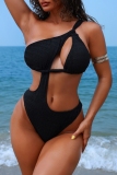 Black Sleeveless Backless Hollow Out Belted One Piece Swimsuit Beach Vacation Swimwears (With Paddings)