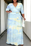 Brown Geometric Print V Neck 3/4 Sleeve Lace Up Casual Outings Plus Size Straight Loose Maxi Dress