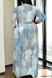 Brown Geometric Print V Neck 3/4 Sleeve Lace Up Casual Outings Plus Size Straight Loose Maxi Dress
