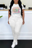 Light Purple Letter Print O Neck Short Sleeve Oversize T-shirt And Skinny Pants Casual Two Pieces Trouser Sets