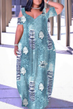 White Floral Print V Neck Cold Shoulder Hollow Out Casual Loose Plus Size Maxi Dresses