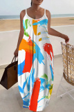 Multicolor Graphics Print Backless Spaghetti Strap Sleeveless Vacation Loose Long Maxi Slip Dresses