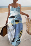 Multicolor Graphics Print Backless Spaghetti Strap Sleeveless Vacation Loose Long Maxi Slip Dresses