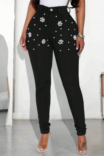 Black Pearls Decor Mid Waist Casual Denim Skinny Jeans