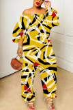 Blue Graphics Print Off Shoulder Long Sleeve Casual Vacation Harem Leg Jumpsuits