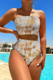 Camel Graphcis Print Sleeveless Backless Beach Vacation One Pieces Swimwears (Without Paddings)