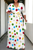 Brown Geometric Print V Neck 3/4 Sleeve Lace Up Casual Outings Plus Size Straight Loose Maxi Dress