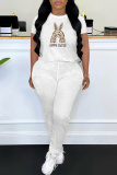 Light Purple Letter Print O Neck Short Sleeve Oversize T-shirt And Skinny Pants Casual Two Pieces Trouser Sets
