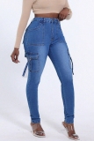 Blue Casual Mid Waist Pocket Distressed Skinny Cargo Denim Jeans