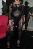 Black Fishnet O Neck Long Sleeve Cut-Out Sheer Mesh Night Club Skinny Jumpsuits