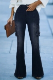 Black Mid Waist Pocket Casual Distressed Flare Leg Denim Jeans