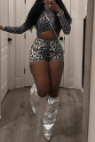 Grey Leopard Print O Neck Long Sleeve Crop Tops And Shorts Two Pieces Shorts Sets