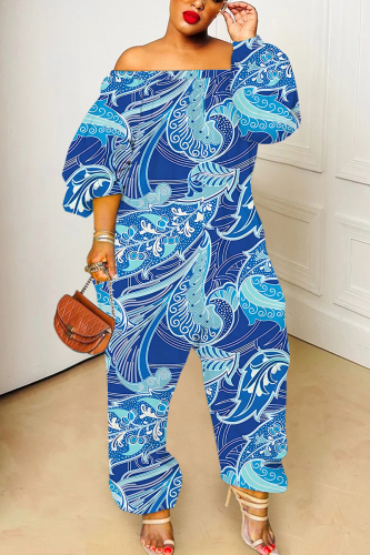 Blue Graphics Print Off Shoulder Long Sleeve Casual Vacation Harem Leg Jumpsuits