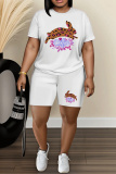 White Cartoon Print Round Neck Short Sleeve Oversize T-shirt And Shorts Casual Two Pieces Matching Sets