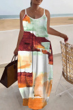 Multicolor Graphics Print Backless Spaghetti Strap Sleeveless Vacation Loose Long Maxi Slip Dresses
