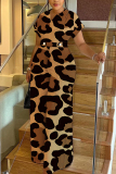 Brown Leopard Print V Neck Short Sleeve Casual Vacation Wide Leg Jumpsuits