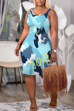White Khaki Graphics Print U Neck Sleeveless Bodycorn Outing Vacation Midi Vest Dresses