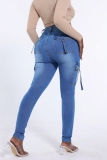 Blue Casual Mid Waist Pocket Distressed Skinny Cargo Denim Jeans