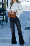 Black Mid Waist Pocket Casual Distressed Flare Leg Denim Jeans