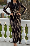 Black Ombre Print O Neck Long Sleeve Front Knotted Vacation Ruched Maxi Dresses